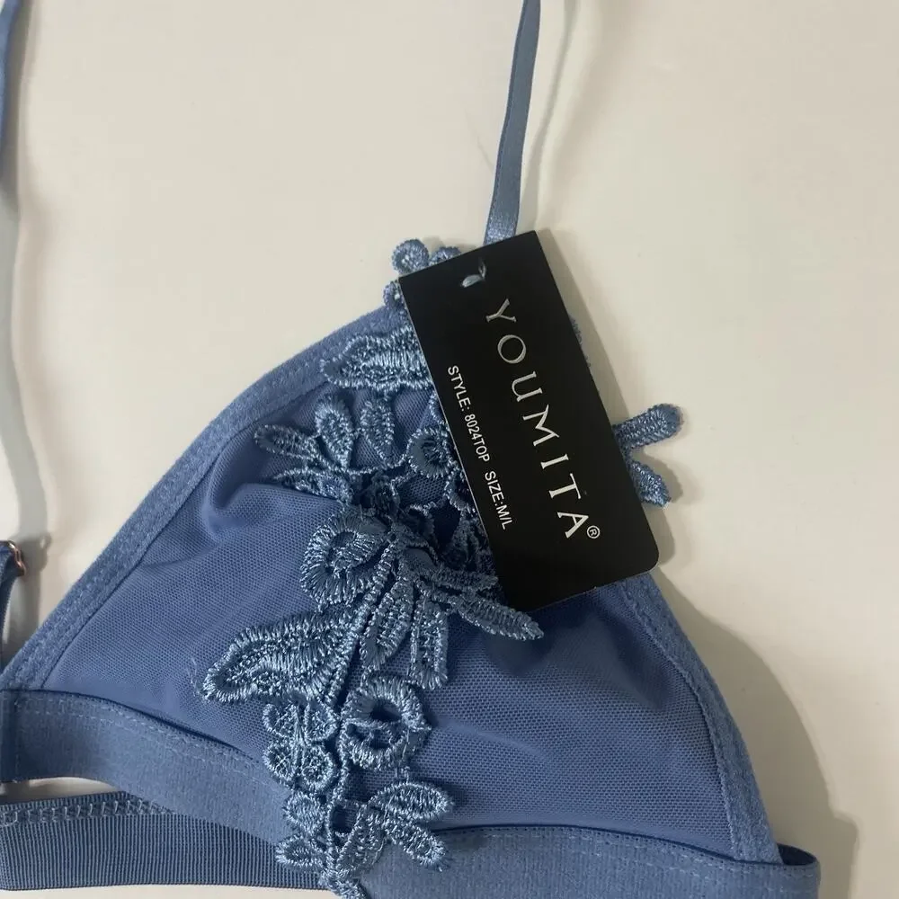 Women Lace Bralette Sexy Bra‎ Floral Lingerie Night Embroidered Flower Blue M/L